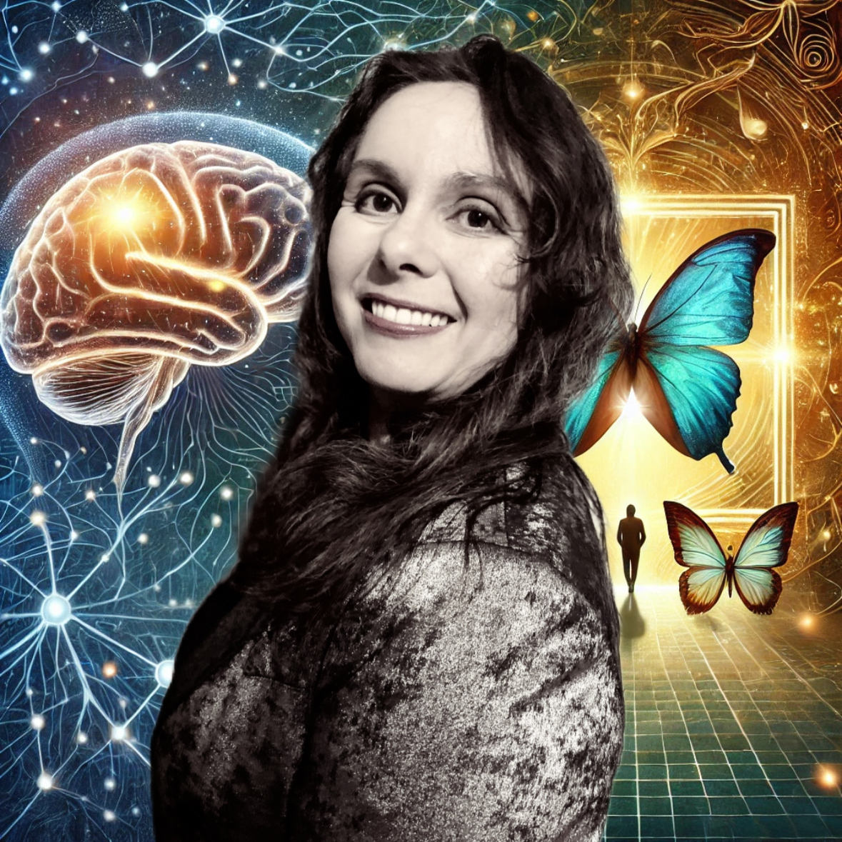 Portrait with Brain Background and Butterflies