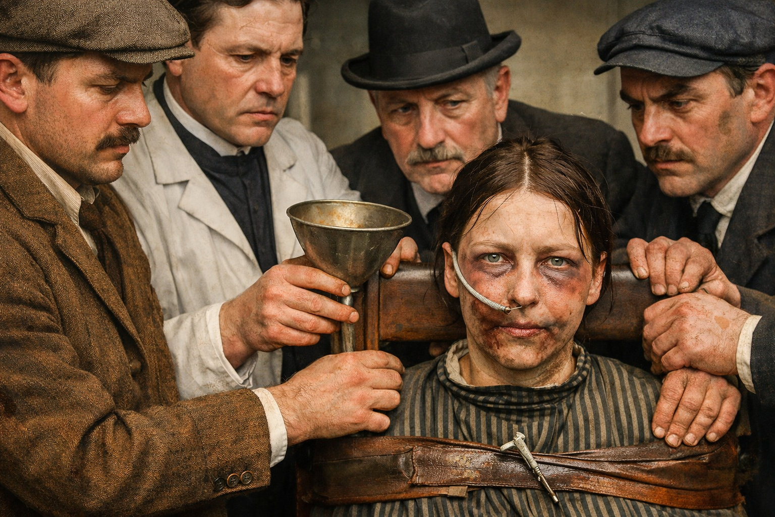 KI-generierte Rekonstruktion einer historischen Praxis. Das Bild zeigt eine Zwangsernährung, wie sie im britischen Gefängnissystem um 1913 gegen hungerstreikende Suffragetten eingesetzt wurde. Die Darstellung basiert auf zeitgenössischen Berichten und Fotografien und verweist auf staatliche Gewalt, der auch Alice Thornton ausgesetzt war, weil sie politische Gleichberechtigung forderte.