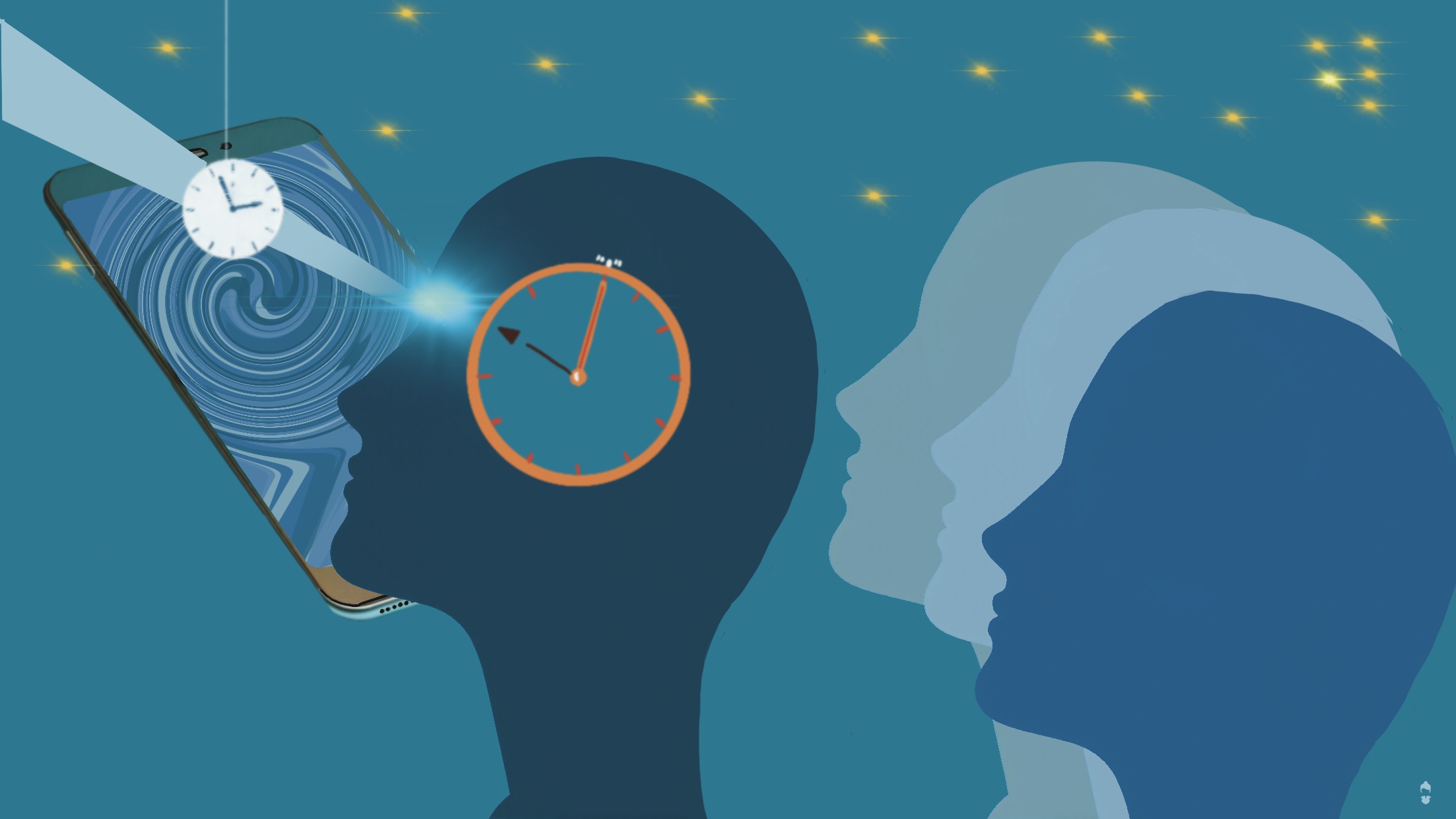 Blaue Umrisse von Gesichtern und Uhren