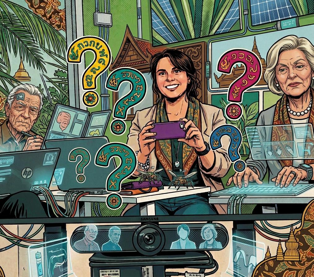 Comic-style illustration of three adults using digital devices in a Thai-inspired setting. A smiling woman holds a purple smartphone between an older man with laptops and an older woman using a transparent screen and keyboard. Colorful question marks surround them, with temple roofs, tropical plants, solar panels, and a video-conferencing camera completing the scene.